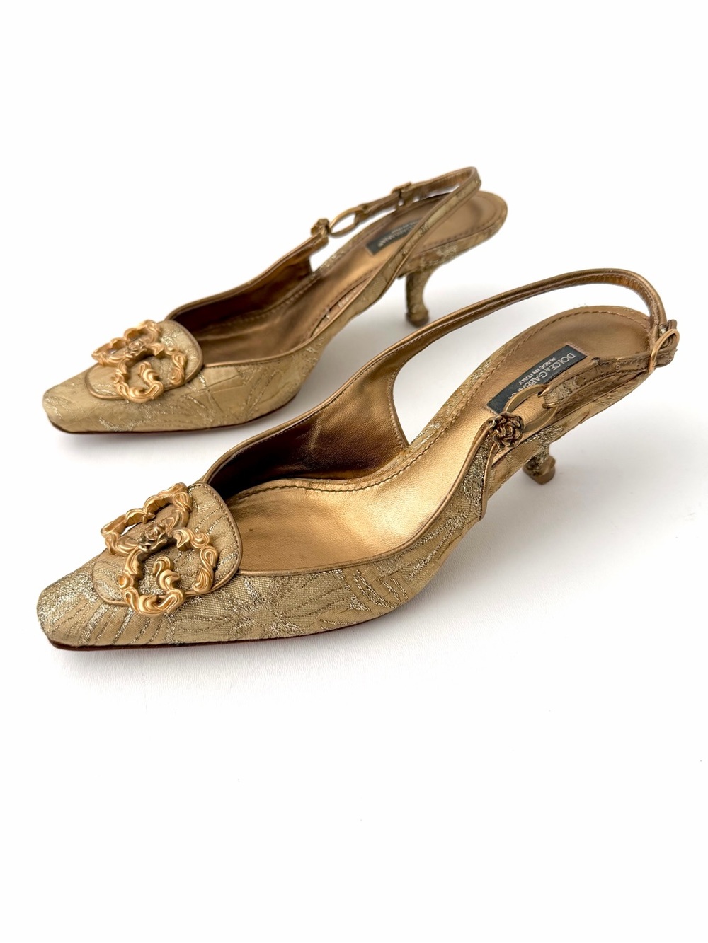 DOLCE & GABBANA | Vintage‎ Gold Brocade Slingback Kitten Heel Pumps EU 37.5
